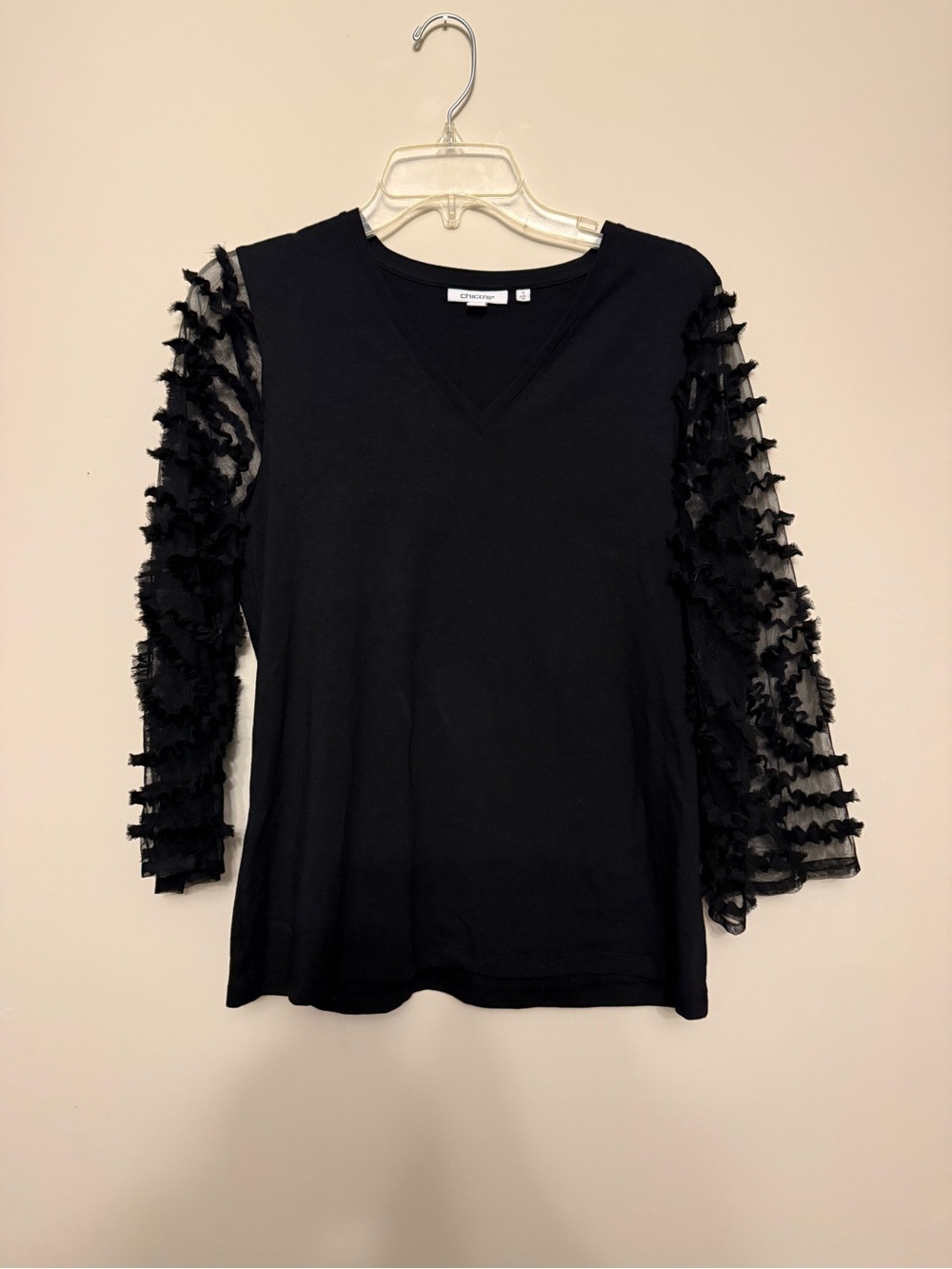 Chico's Black Long Sleeve Top with Ruffle Mesh Sleeves
